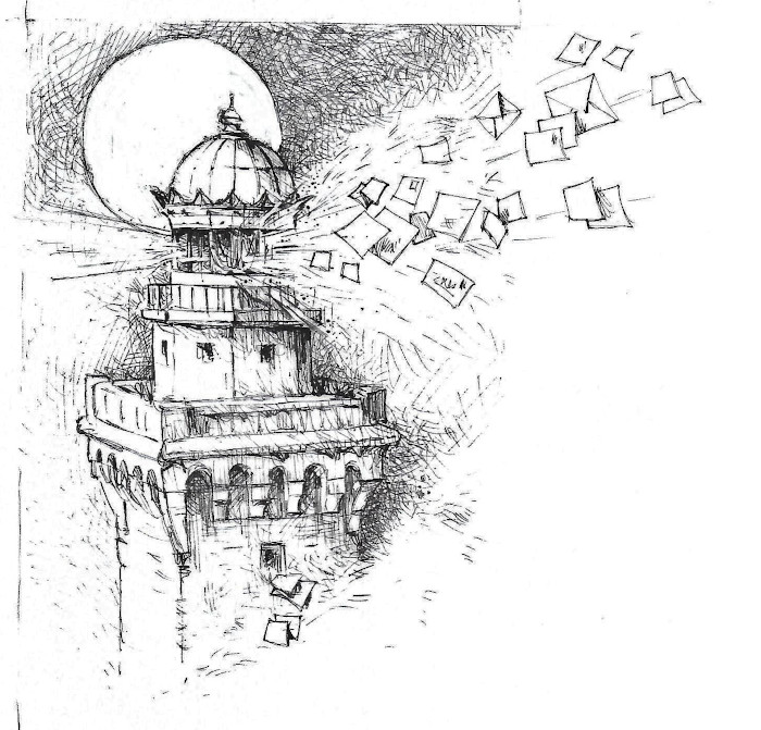 Gravure de Philippe Migné représentant une envolée de lettres dans la lumière d'un phare